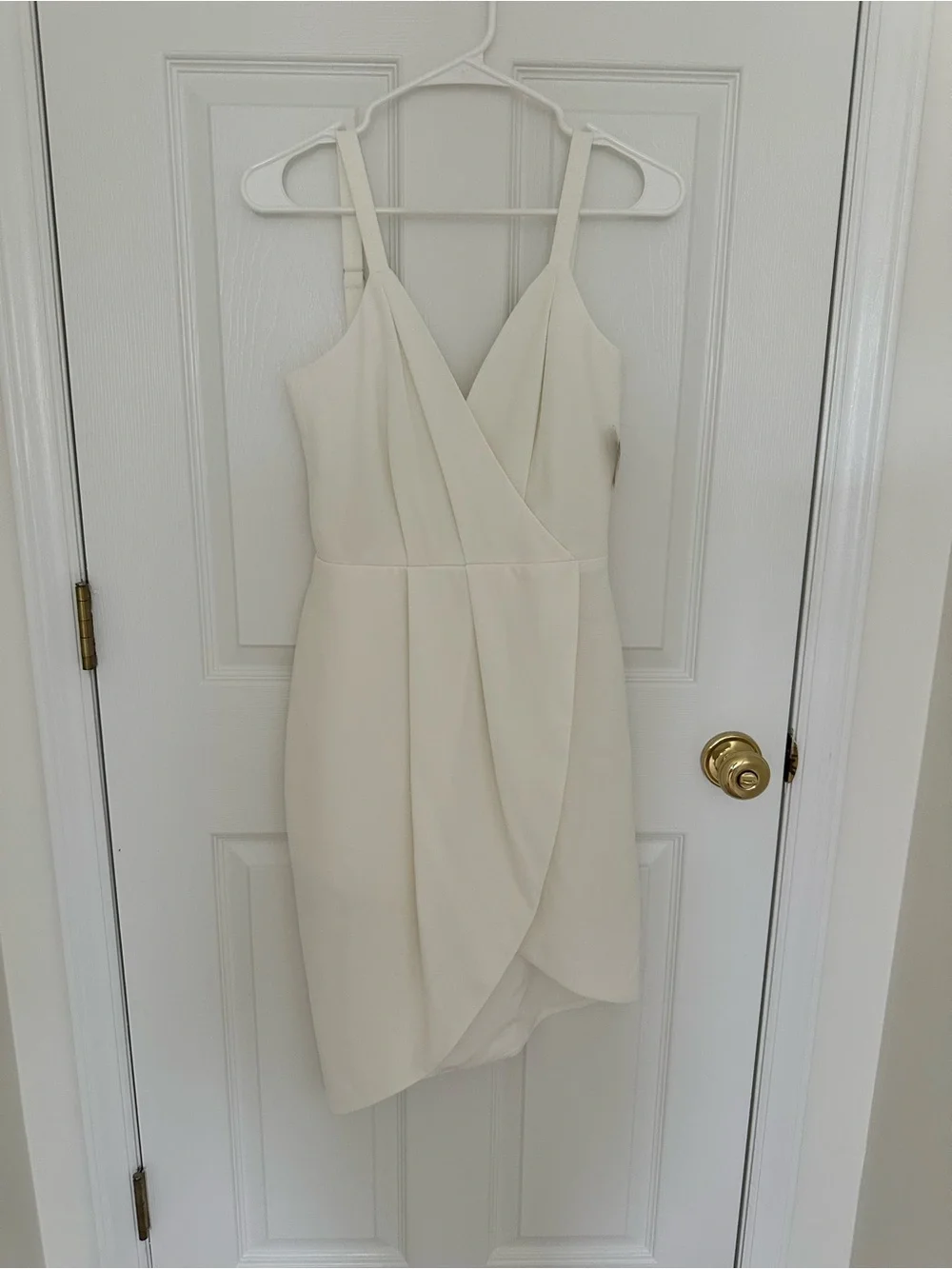 Cream Draped V-Neck Sleeveless Dress with Spaghetti Straps and Tulip Hem